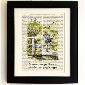 ART PRINT on old antique book page - Winnie the Pooh, Christopher Robin, Bridge, Vintage, Wall Art Print, Encyclopaedia Dictionary Page