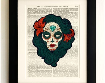 ART PRINT on old antique book page - Sugar Skull Goth Girl, Vintage Upcycled Wall Art Print, Encyclopaedia Dictionary Page, Fab Gift!