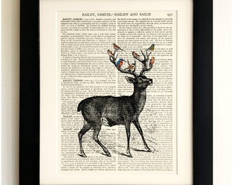 ART PRINT on old antique book page - Deer, Stag, Birds, Vintage Upcycled Wall Art Print, Encyclopaedia Dictionary Page, Fab Gift!