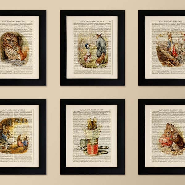 Set of 6 Art Prints on old antique book page - Beatrix Potter, Vintage Wall Art Print Encyclopaedia Dictionary Page