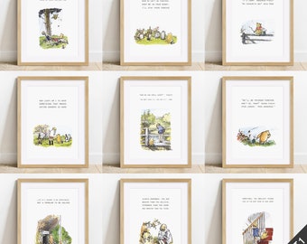 May include: Nine Winnie the Pooh-themed printable wall art prints with inspirational quotes. The prints feature hand-drawn illustrations of Winnie the Pooh and Piglet in various scenes. The quotes include: "We don't realize we are making memories, we just know we are having fun", "If there ever comes a day when we can't be together, keep me in your heart, I'll stay there forever", "What day is it?" asked Pooh. "It's today," squeaked Piglet. "My favorite day," said Pooh", "How lucky am I to have something that makes saying goodbye so hard", "You are braver than you believe, stronger than you seem, and smarter than you think", "Sometimes the smallest things take up the most room in your heart", "'You're the only one I'll ever trust' - Piglet", "We'll be friends forever, won't we, Pooh?" asked Piglet. "Even longer," Pooh answered", "Life is a journey to be experienced, not a problem to be solved", "Always remember you are braver than you believe, stronger than you seem, and smarter than you think"