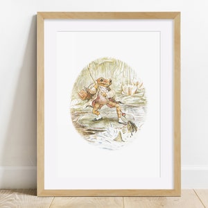 May include: A watercolor illustration of a frog wearing a red jacket and holding a fishing rod. The frog is standing on a lily pad in a pond and has caught a fish.