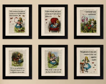 Set of 6 Art Prints on old antique book page - Alice in Wonderland Quotes, Vintage Upcycled Wall Art Print, Encyclopaedia Dictionary Page