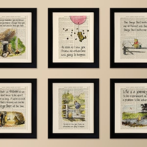 May include: Six framed Winnie the Pooh prints with quotes from the book. The prints are on a white background with black frames. The quotes are: "Always remember you are braver than you believe, stronger than you seem, and smarter than you think." "As soon as I saw you I knew an adventure was going to happen." "The things that make me different are the things that make me." "I think we dream so we don't have to be apart for so long. If we are in each other's dreams we can be together all the time." "As soon as I saw you I knew an adventure was going to happen." "Life is a journey to be experienced not a problem to be solved."