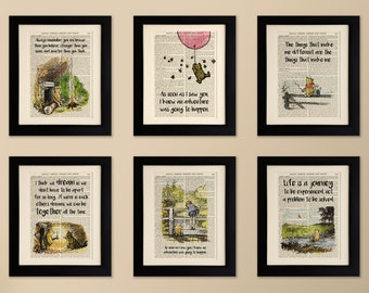Set of 6 Art Prints on old antique book page - Winnie the Pooh, Vintage Upcycled Wall Art Print, Encyclopaedia Dictionary Page, Fab Gift