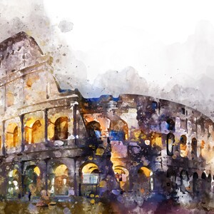 May include: A watercolor painting of the Colosseum in Rome, Italy. The ancient Roman amphitheater is depicted in shades of gray, brown, and yellow, with a soft, blurred background.