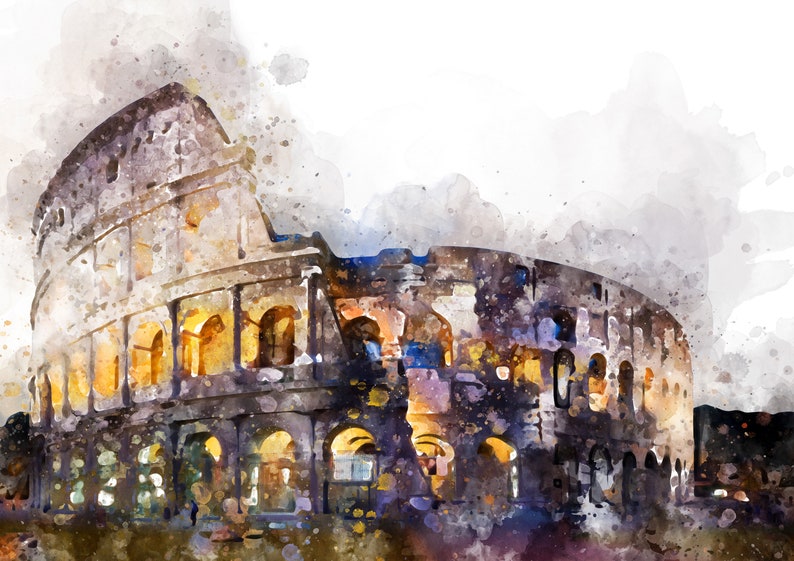 May include: A watercolor painting of the Colosseum in Rome, Italy. The ancient Roman amphitheater is depicted in shades of gray, brown, and yellow, with a soft, blurred background.