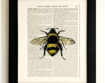 ART PRINT on old antique book page - Bumble Bee, Insect, Vintage Upcycled Wall Art Print, Encyclopaedia Dictionary Page, Fab Gift!