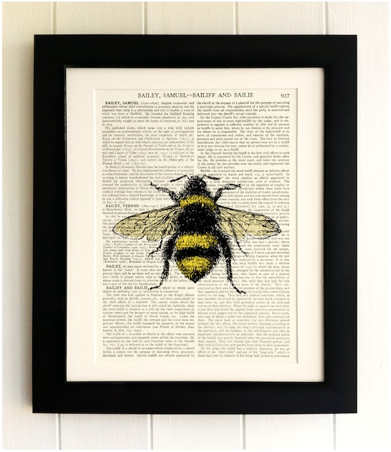 ART PRINT on Old Antique Book Page - Bumble Bee, Insect, Vintage