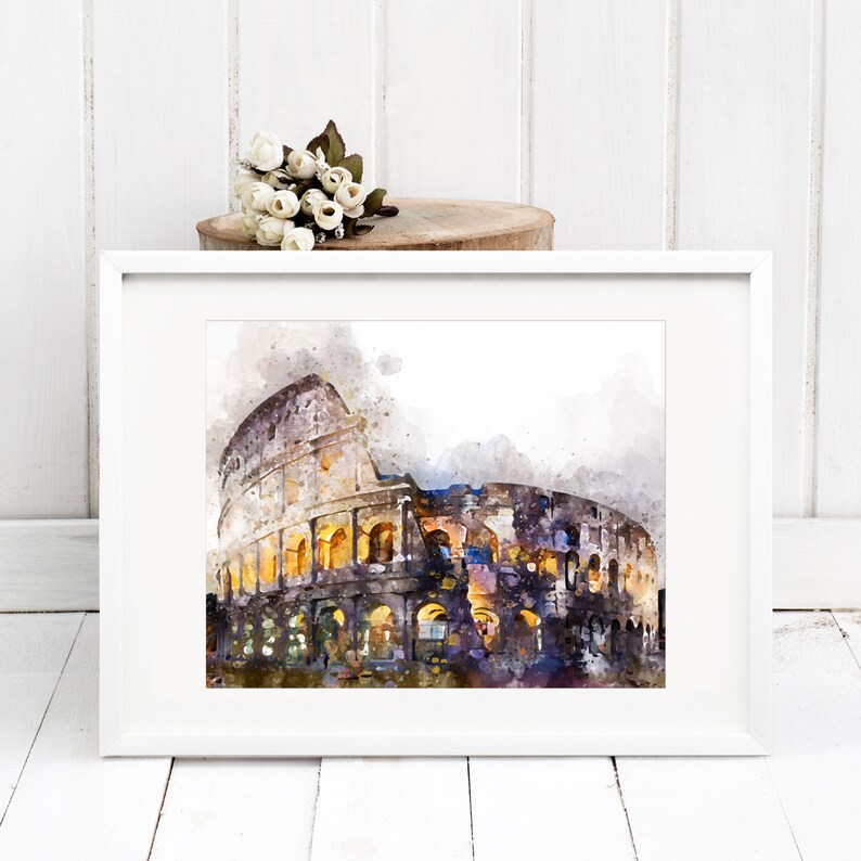 May include: A watercolor painting of the Colosseum in Rome, Italy. The painting is done in shades of blue, purple, and yellow, with a white background.