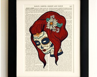 ART PRINT on old antique book page - Sugar Skull Goth Girl, Vintage Upcycled Wall Art Print, Encyclopaedia Dictionary Page, Fab Gift!