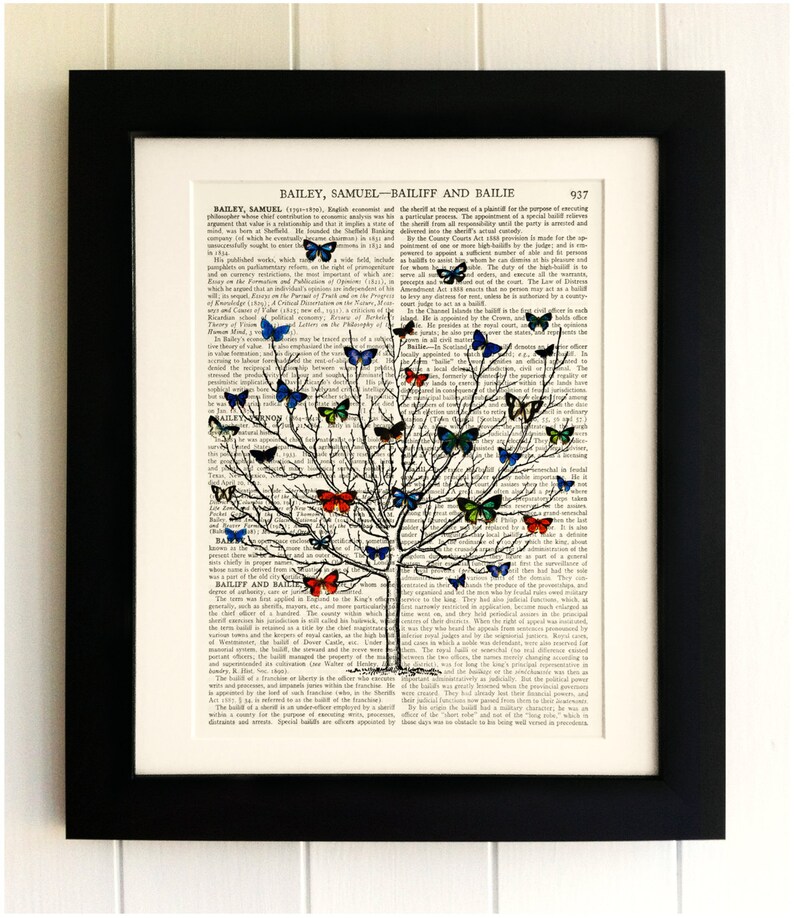 ART PRINT on old antique book page Tree with Butterflies , Vintage Upcycled Wall Art Print, Encyclopaedia Dictionary Page, Fab Gift image 1