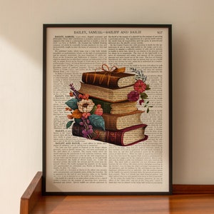ART PRINT on old antique book page - Floral Books, Book Lover, Book Worm, Vintage Upcycled Wall Art Print, Encyclopaedia Dictionary Page