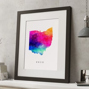 Acuarela OHIO, EE.UU. Rainbow Map Print, *UNFRAMED*, A4 Modern Wall Art