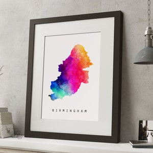 Acuarela BIRMINGHAM Arco iris mapa impresión, *UNFRAMED *, A4 arte moderno de la pared