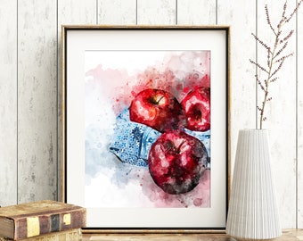 Apples Wall Art, Watercolour Print, Illustration, A4, *UNFRAMED* Modern Art