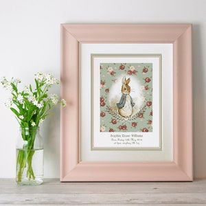 PERSONALISED Peter Rabbit Print, New Baby/Birth Nursery Picture Gift, UNFRAMED Choice of 4 colours, Lovely Birth or Christening Gift image 3