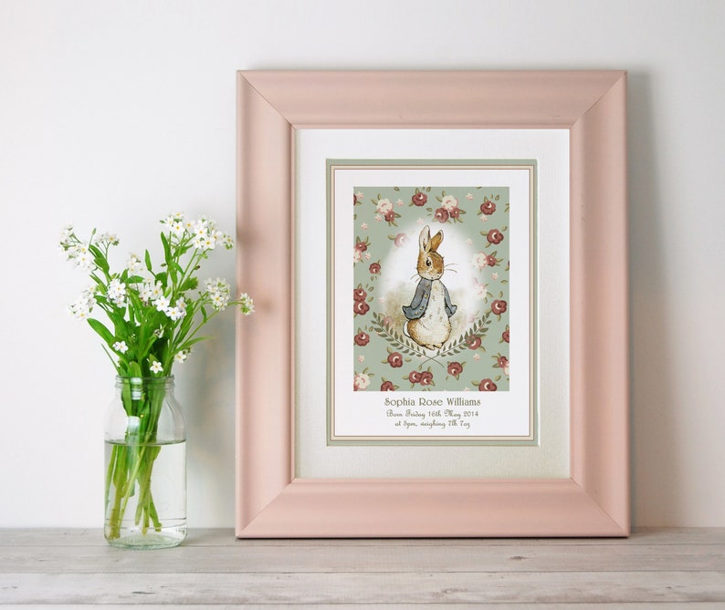 PERSONALISED Peter Rabbit Print, New Baby/Birth Nursery Picture Gift, UNFRAMED Choice of 4 colours, Lovely Birth or Christening Gift image 3