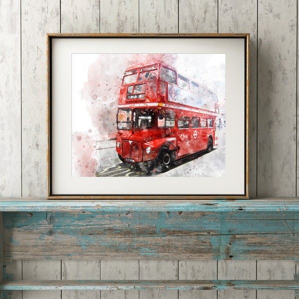 London Bus rouge Wall Art, impression d’aquarelle, Illustration, format A4, * sans cadre * Art moderne