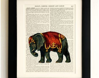 ART PRINT on old antique book page - Circus Elephant, Vintage Upcycled Wall Art Print, Encyclopaedia Dictionary Page, Fab Gift!