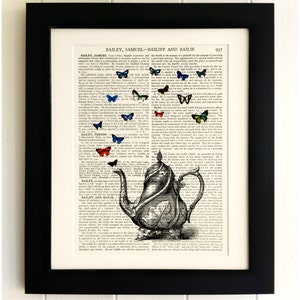 ART PRINT on old antique book page - Teapot with Butterflies, Vintage Upcycled Wall Art Print, Encyclopaedia Dictionary Page, Fab Gift!