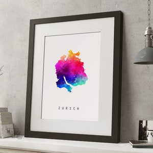 Acuarela ZURICH, SWITZERLAND Arco iris mapa impresión, *UNFRAMED *, A4 arte moderno de la pared
