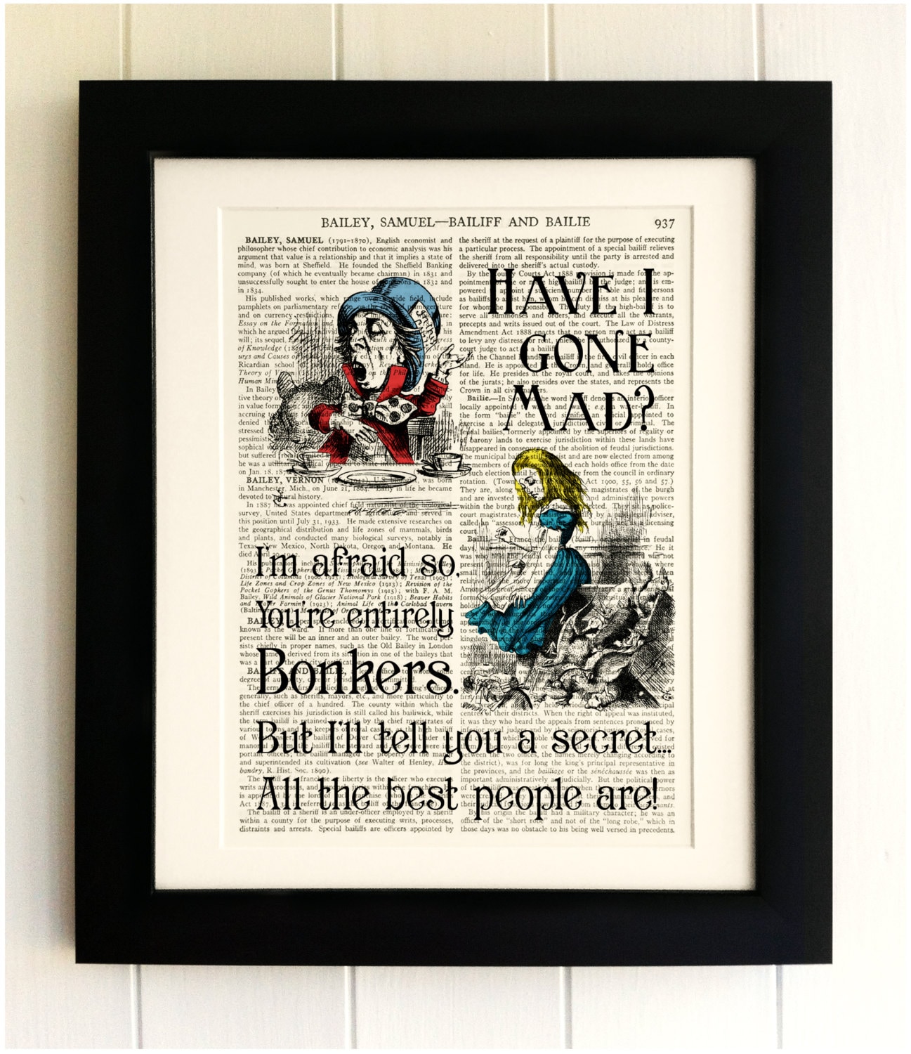 ART PRINT on old antique book page - Alice in Wonderland, Mad Hatter, Vintage Upcycled Wall Art Print, Encyclopaedia Dictionary Page, Gift