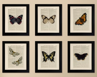 Set of 6 Art Prints on old antique book page - Butterflies, Vintage Wall Art Print Encyclopaedia Dictionary Page