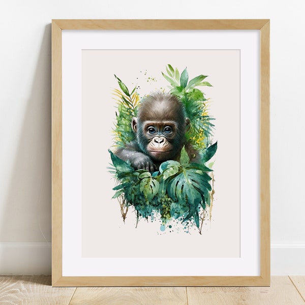 Baby Gorilla Cute Jungle Animal Print, Kids Bedroom, Nursery, Baby Shower, Giraffe, Elephant, Hippo, Zebra