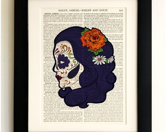 ART PRINT on old antique book page - Sugar Skull Goth Girl, Vintage Upcycled Wall Art Print, Encyclopaedia Dictionary Page, Fab Gift!