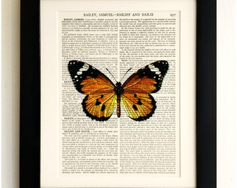 ART PRINT on old antique book page - Large Orange/Black Butterfly, Vintage Upcycled Wall Art Print, Encyclopaedia Dictionary Page, Fab Gift!
