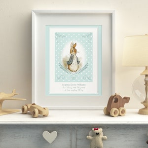 PERSONALISED Peter Rabbit Print, New Baby/Birth Nursery Picture Gift, UNFRAMED Choice of 4 colours, Lovely Birth or Christening Gift image 2