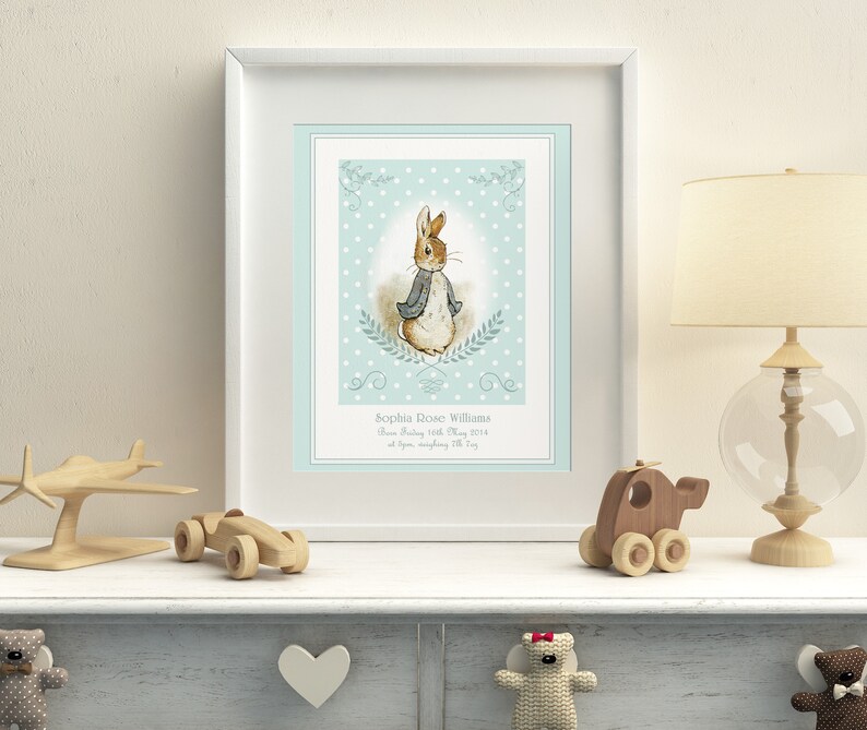 PERSONALISED Peter Rabbit Print, New Baby/Birth Nursery Picture Gift, UNFRAMED Choice of 4 colours, Lovely Birth or Christening Gift image 2