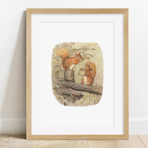 May include: Two red squirrels are perched on a tree branch. One squirrel is holding a nut in its paws, while the other squirrel is eating a nut. The squirrels are surrounded by leaves and branches.