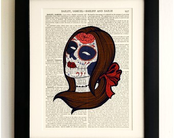 ART PRINT on old antique book page - Sugar Skull Goth Girl, Vintage Upcycled Wall Art Print, Encyclopaedia Dictionary Page, Fab Gift!