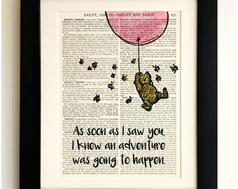 ART PRINT on old antique book page - Winnie the Pooh, Pink Balloon, Vintage Upcycled, Wall Art Print, Encyclopaedia Dictionary Page