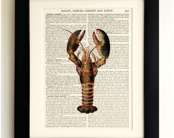 ART PRINT on old antique book page - Large Lobster, Vintage Upcycled Wall Art Print Encyclopaedia Dictionary Page, Fab Gift!