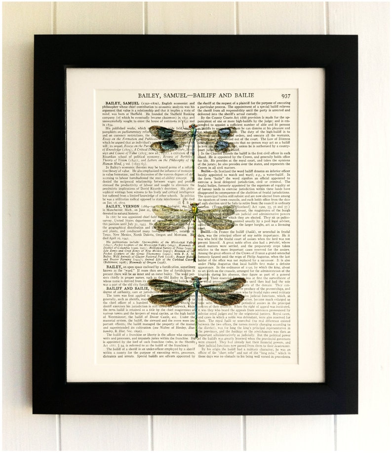ART PRINT on Old Antique Book Page - 3 Dragonflies, Vintage Upcycled ...