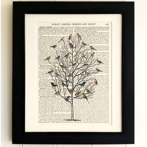 ART PRINT on old antique book page - Birds in Tall Tree, Vintage Upcycled Wall Art Print, Encyclopaedia Dictionary Page, Fab Gift!