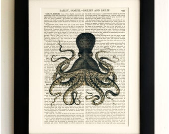 ART PRINT on old antique book page - Black Octopus, Vintage Upcycled Wall Art Print Encyclopaedia Dictionary Page, Fab Gift!
