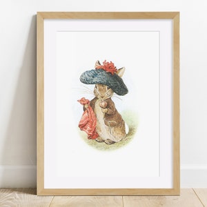 May include: A watercolour illustration of a brown rabbit wearing a blue hat with a red flower and a red scarf. The rabbit is holding a red heart in its paws.