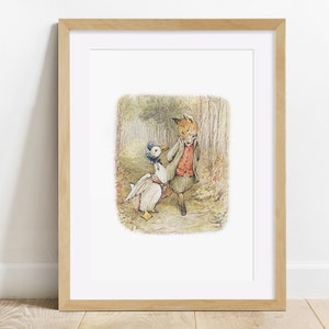 May include: A watercolour illustration of a fox and a duck walking in a woodland. The fox is wearing a red jacket and the duck is wearing a blue hat. The illustration is in a light brown frame.