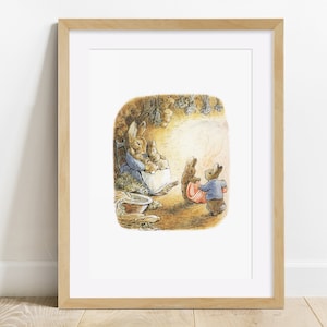 May include: A watercolour illustration of a mother rabbit and her three bunnies. The mother rabbit is sitting in a rocking chair, while the bunnies are playing around her. The illustration is set in a cosy, woodland setting.