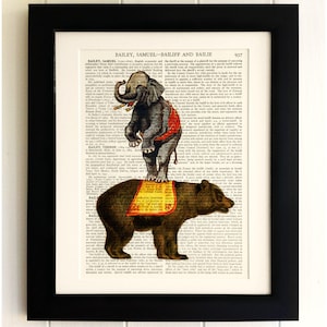 ART PRINT on old antique book page - Circus Bear and Elephant, Vintage Upcycled Wall Art Print, Encyclopaedia Dictionary Page, Fab Gift!
