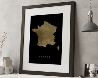 Watercolour FRANCE Black and Gold Map Print, *UNFRAMED*, A4 Modern Wall Art