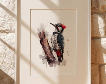 Watercolour Woodpecker Print, Garden Birds, Bedroom, Living Room, Unframed Print