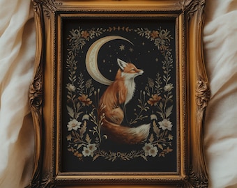 Fox and Moon dark wall art print, A4, *UNFRAMED* Wall art