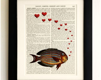 ART PRINT on old antique book page - Fish, Blowing Hearts, Love, Vintage Upcycled Wall Art Print Encyclopaedia Dictionary Page