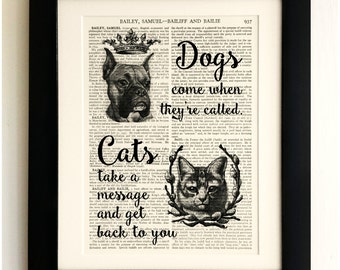 ART PRINT on old antique book page - Cat & Dog Quote, Vintage Wall Art Print, Encyclopaedia Dictionary Page, Fab Gift!