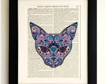 ART PRINT on old antique book page - Sugar Skull Purple Cat, Vintage Upcycled Wall Art Print, Encyclopaedia Dictionary Page, Fab Gift!
